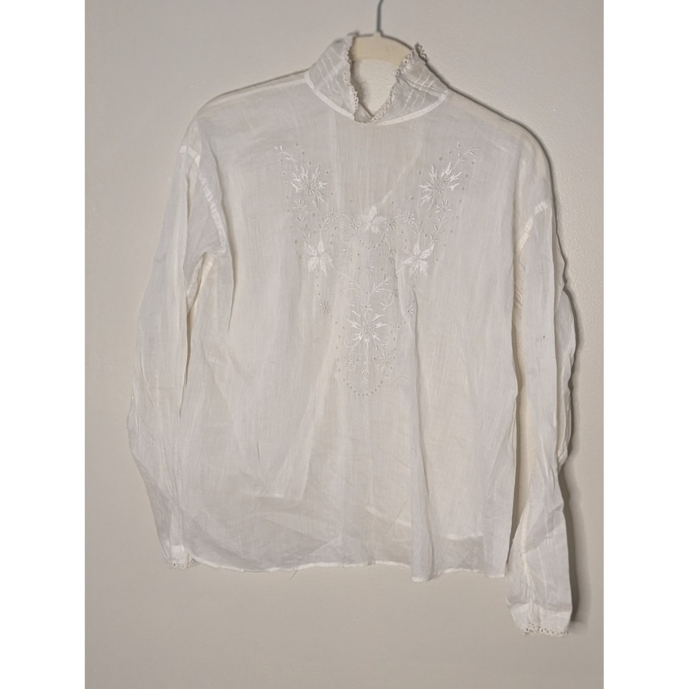 Antique Edwardian White Cotton Lawn Blouse Floral Embroidery Lace High Neck Top
